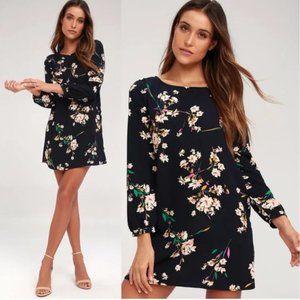 Lulus Navy Floral Long Sleeved Dress - Small